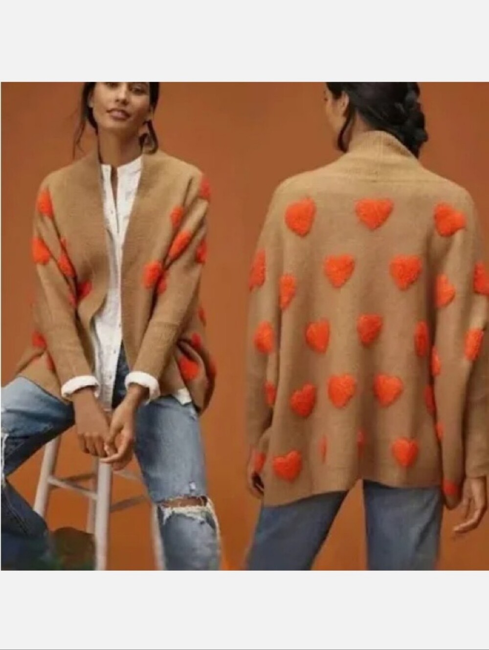 Look By M Anthropologie Boucle Heart Knit Kimono One Size In Camel And Orange